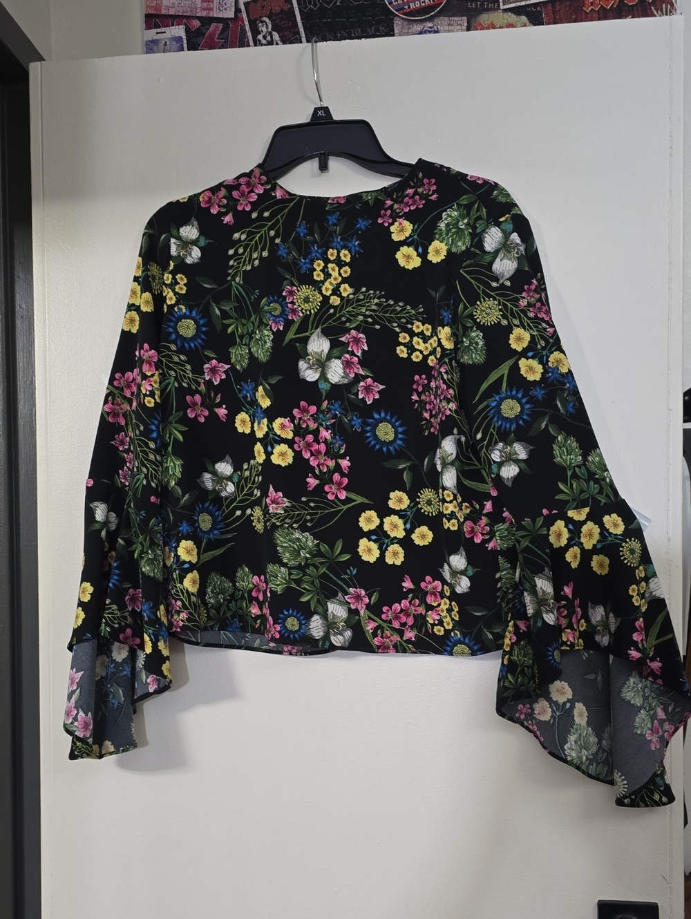 Catherines Black Floral Bell Sleeve Blouse with Pink, Yellow & Blue Blooms